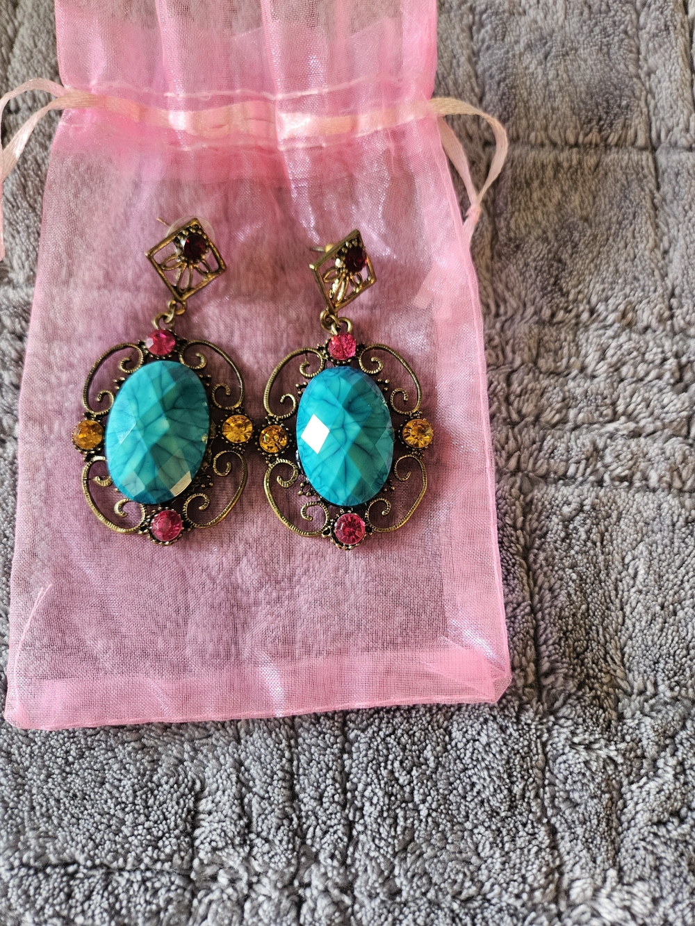 Turquoise Oval Dangle Stud  Earrings with Pink & Yellow Accents